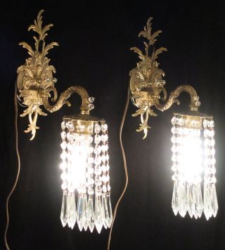 Pr Vintage Sconce French Brass Bronze Fountain Waterfall Crystal Lamp Lights
