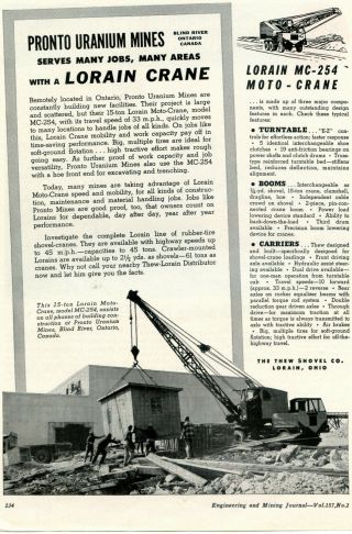 1956 Lorain Moto - Crane Truck Crane Ad Pronto Uranium Mines Blind River Ontario