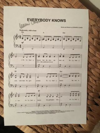 Leonard Cohen Hand Signed Music Sheet Autograph “everybody Knows”