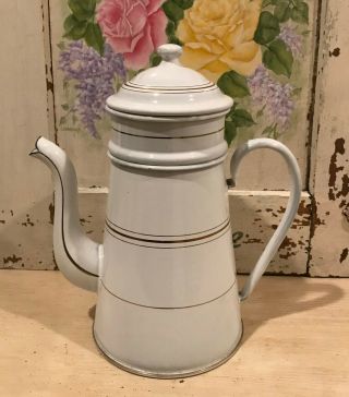 Charming Vintage French Enamel Biggin Coffee Pot Classic White With Gold Bands