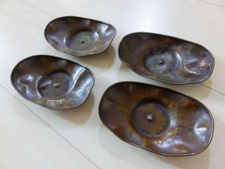 Set Of 4 Japanese Vintage Oval Copper Chataku Tea Cup Saucer Leaf Motif