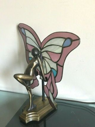 Vintage Brass Nude Lady Art Deco Lamp W/butterfly Art Glass Wings Artist Signed