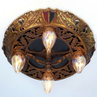 Rewired Antique Brass Spanish Revival Tudor Gothic Flush Ceiling Light Fixture