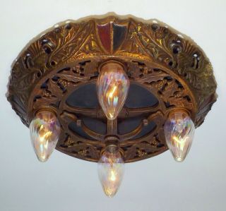 REWIRED Antique Brass Spanish Revival Tudor Gothic Flush Ceiling Light Fixture 3