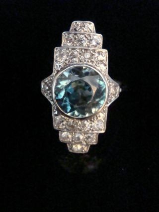 Rare Fine Art Deco Platinum Natural Blue Zircon And Diamond Ring