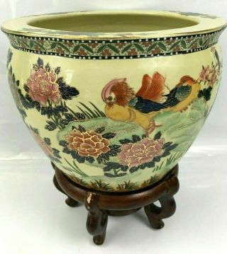 Antique / Vintage Hand Painted Decorated Ceramic Chinese Plant Pot Wooden Base