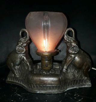 Art Deco Pot Metal Lamp W/ Elephants.  Antique