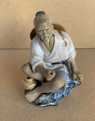 Vintage Chinese Mud Man Ceramic Figure Old Fisherman Incense Holder 4.  5” Tall