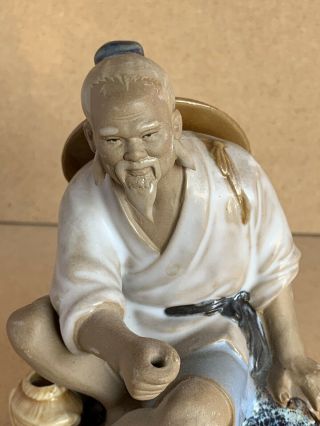 Vintage Chinese Mud Man Ceramic Figure Old Fisherman Incense Holder 4.  5” Tall 2