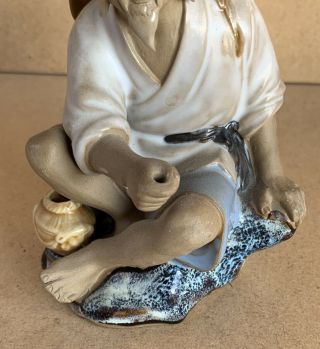 Vintage Chinese Mud Man Ceramic Figure Old Fisherman Incense Holder 4.  5” Tall 3