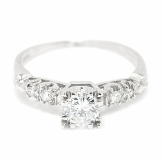Vintage Art Deco Round Diamond Engagement Ring 14k White Gold.  55ctw