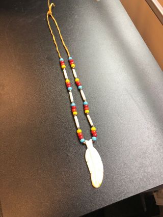 Vintage Native American Bead Necklace With Hand Carved Stone Feather Pendant