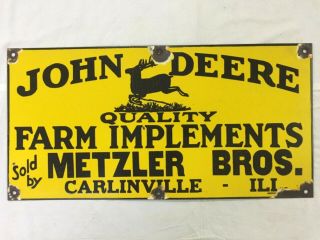 Vintage Porcelain John Deere Farm Implements Metzler Bros 24” X 12” Enamel Sign.