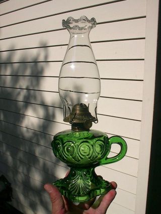 Old Ornate 1890s Emerald Green Bullseye Pattern Antique Finger Oil Lamp A,