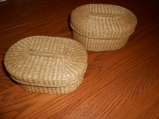 2 Tightly Woven Baskets With Lids.  Rounded Rectangle Shape.  7 " & 6 1/2 "