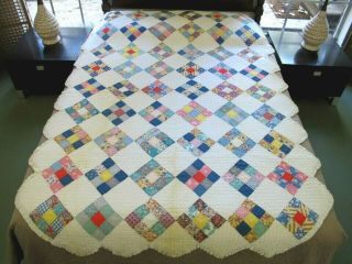 Vintage Hand Quilted Nine Patch On Tip Feed Sack Quilt; 88 " X 61 ",  Ruffled Edge