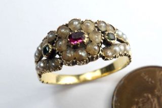 Antique Georgian Period English 18k Gold Pearl Emerald & Ruby Ring C1820