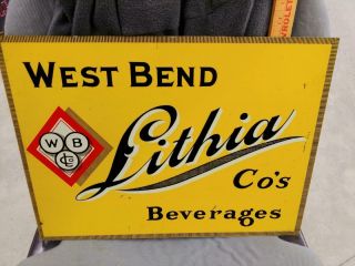 1920s West Bend Lithia Beverages Prohibition Tin Litho Flange Sign - 14x18 -