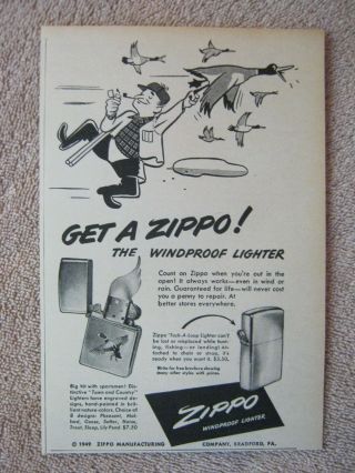 Vintage 1949 Zippo Town & Country Windproof Loop Lighters Duck Hunter Print Ad