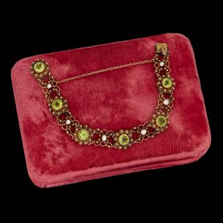 Antique Vintage Nouveau 14k Yellow Gold Etruscan Peridot Pearl Riviere Bracelet