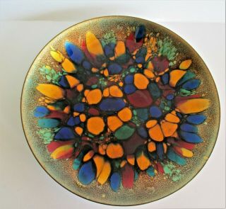 Mid Century Modern Win Ng Enamel On Copper Abstract Art Low Bowl Signed 9 1/2 "