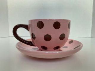 Barnes & Noble Pink Brown Polka Dots Ceramic Coffee Tea Cup Mug & Saucer