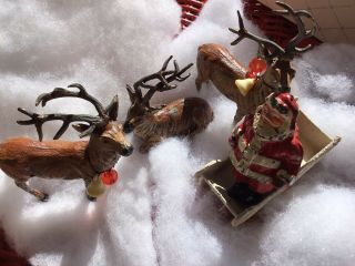 3 Vtg Putz Lead Metal Reindeer Deer Stag,  Santa,  Sleigh,  Germany Christmas