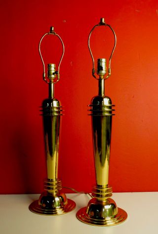 Pair Vintage Art Deco Lamps Brass Table Heavy Well Made