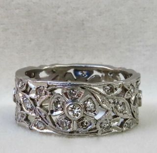 Antique Art Deco Platinum 1.  0 Ct.  Diamond Flowers Wide Wedding Band Ring Sz.  7.  5