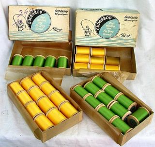 Gudebrod Fly Tying Silk 36 Spools 4 Boxes Green & Yellow C.  1950 