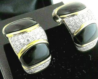 Huge Vintage 1.  25 " 18k Gold 3ct Vs Diamond Onyx Earrings Omega Backs 45gm