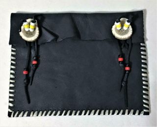 Handmade Black Soft Leather Indian Medicine Bag Pouch Beaded Fasteners Colorado