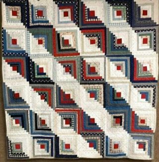 Graphic Furrows C 1890 - 1900 Pa Log Cabin Antique Quilt Indigo Blues Red Centers