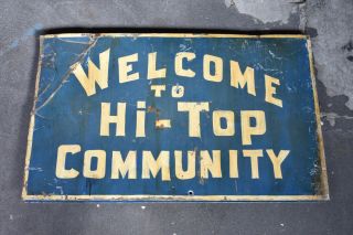 Old Hand Painted Hi Top Community Sign Welcome Double Sided Sneaker Blue White