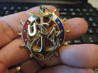 Vintage Wwii Navy Usn Red White Blue Enamel Ships Wheel Anchor Pin Petty Officer