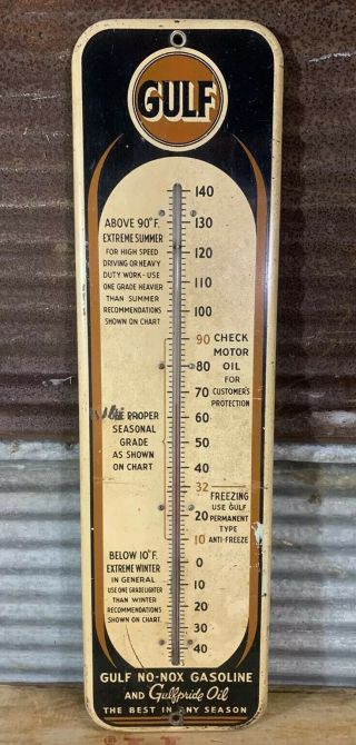 Vtg 40s - 50s Gulf No - Nox Gasoline Advertising Thermometer 27 " Gas Oil Sign