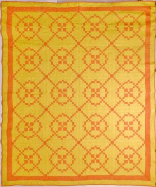 Antique 1900s Hand Stitched Yellow Orange Burgoyne Surrounded Quilt 90x76