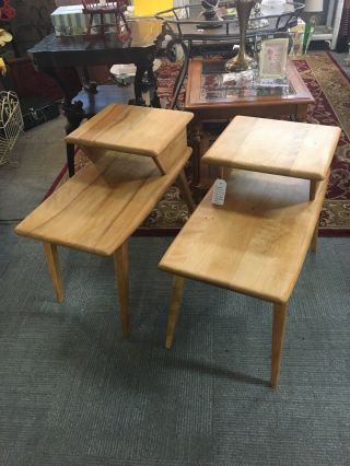 Two Heywood Wakefield End Tables Mid - Century Modern.  One Table Leg Repaired