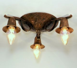 Antique 1910s Arts Crafts Hand Hammered Copper Flush Mount Ceiling Light Fixture