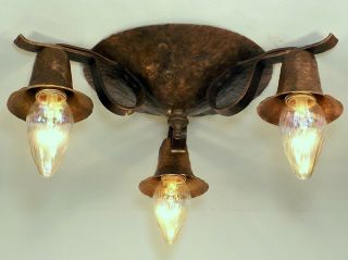 Antique 1910s Arts Crafts Hand Hammered Copper Flush Mount Ceiling Light Fixture 2