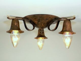 Antique 1910s Arts Crafts Hand Hammered Copper Flush Mount Ceiling Light Fixture 3