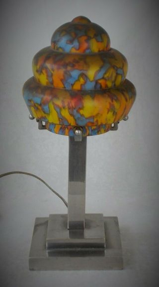 French Art Deco Lamp With Pate De Verre " Mottled " Glass Shade
