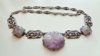 Vtg Art Deco Chinese Export Sterling & Carved Amethyst Enamel Dragon Necklace