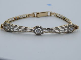 . 36 Tcw Art Deco Diamond European Cut Sapphire 14k Filigree Bracelet Handmade