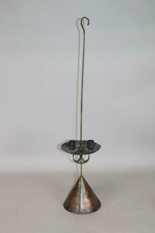 A Very Rare 19th C Copper Sand Weighted Adjustable Candle Holder In Old Surface