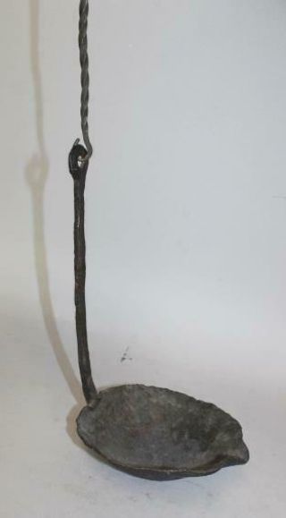 A VERY IMPORTANT 17TH C PILGRIM PERIOD AMERICAN WROUGHT IRON HANGING GREASE LAMP 3
