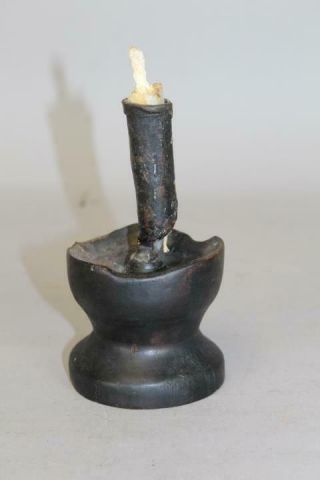 Rare Early 18th C Wrought Iron Candlestick In Wood Base In Great Old Surface