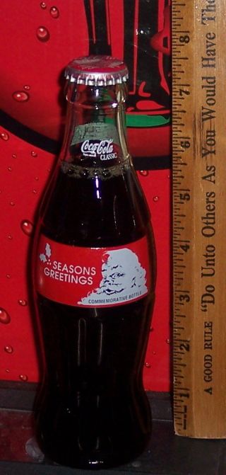 1991 Seasons Greetings Santa Claus 8 Ounce Glass Coca - Cola Bottle Full