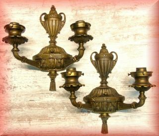 Pair Antique Art Nouveau Two Arm Brass Wall Lamps Sconces Laurel & Urn Tassels