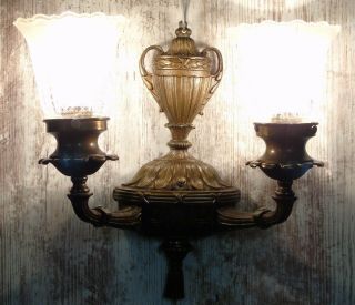 Pair Antique Art Nouveau Two Arm Brass Wall Lamps Sconces Laurel & Urn Tassels 2